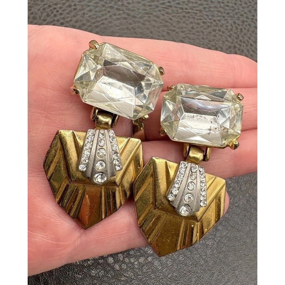 Vintage Runway Art Deco Style Crystal Drop Clip On Earrings Gold Tone Chunky